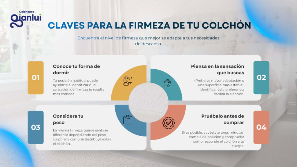 ¿Cuál es la mejor firmeza para un colchón? Tipos, niveles y cómo elegir La firmeza de colchón es una de las características que más influye en la sensación que se percibe durante el descanso. Sin embargo, elegir entre un colchón firme, medio o suave no depende únicamente de una clasificación, ya que la percepción puede variar según la persona, su posición al dormir y sus preferencias. Un colchón demasiado firme puede sentirse rígido para algunas personas, mientras que uno demasiado suave puede generar una sensación de hundimiento. Por eso, encontrar un equilibrio entre soporte y comodidad es importante. Pero ¿qué significa realmente la firmeza de un colchón y cómo saber qué nivel puede resultar más adecuado? ¿Qué significa la firmeza de un colchón? La firmeza describe cómo se siente un colchón cuando una persona se acuesta sobre él, especialmente cuánto cede ante el peso y qué nivel de resistencia ofrece. No debe confundirse con la calidad ni con la comodidad. Un colchón puede tener una firmeza alta y resultar cómodo para una persona, mientras que otra puede preferir una superficie más suave. Por eso, cuando hablamos de firmeza de colchón, hablamos principalmente de la sensación de soporte y resistencia que ofrece la superficie. ¿Firmeza y comodidad significan lo mismo? No. La firmeza está relacionada con la resistencia que ofrece el colchón al recibir el peso. La comodidad, en cambio, depende de la experiencia general de descanso y puede estar influenciada por diferentes características del colchón. Por ejemplo, una persona puede preferir un colchón de firmeza media porque le proporciona una sensación equilibrada, mientras que otra puede sentirse más cómoda sobre una superficie firme. Por esta razón, no existe un único nivel de firmeza que sea el mejor para todas las personas. ¿Cuáles son los niveles de firmeza de un colchón? Los fabricantes pueden utilizar diferentes escalas para clasificar la firmeza. Por eso, los nombres y valores pueden variar entre modelos. Como referencia general, podemos hablar de: Firmeza suave. Firmeza media-baja. Firmeza media. Firmeza media-alta. Firmeza alta. Estas categorías sirven como orientación, pero no deben interpretarse como una medida universal. La sensación final también depende de los materiales, la construcción del colchón y las características de la persona que lo utiliza. Colchón de firmeza suave Ofrece una sensación de mayor adaptación y menor resistencia inicial. Puede resultar atractivo para quienes prefieren una superficie con una sensación más envolvente. Colchón de firmeza media-baja Se encuentra entre una superficie suave y una firmeza intermedia. Puede ofrecer una sensación adaptable sin llegar a sentirse demasiado blanda. Colchón de firmeza media Busca un equilibrio entre adaptación y soporte. Es una de las referencias más habituales cuando se busca una sensación intermedia, aunque su percepción puede variar considerablemente entre personas. Colchón de firmeza media-alta Ofrece una resistencia mayor que una firmeza media. Puede resultar interesante para quienes prefieren sentir más estabilidad al acostarse. Colchón de firmeza alta Presenta una superficie con mayor resistencia al hundimiento. Puede ser preferido por personas que buscan una sensación más firme y estable. Tabla de niveles de firmeza Nivel de firmeza Sensación general Puede resultar atractivo para Suave Mayor adaptación y sensación envolvente Personas que prefieren una superficie más blanda Media-baja Suave pero con mayor soporte Quienes buscan un equilibrio hacia una sensación adaptable Media Equilibrio entre adaptación y resistencia Personas que prefieren una sensación intermedia Media-alta Mayor estabilidad y resistencia Quienes prefieren una superficie menos adaptable Alta Sensación firme y menor hundimiento Personas que buscan mayor resistencia al peso Esta clasificación es orientativa. La sensación real puede cambiar según el modelo y los materiales utilizados. ¿Qué significa confort firme en un colchón? Cuando un fabricante utiliza expresiones como "confort firme", normalmente busca comunicar que el colchón ofrece una sensación de descanso con mayor resistencia y estabilidad. Sin embargo, "firme" no significa necesariamente "duro". Un colchón puede proporcionar una sensación firme manteniendo diferentes niveles de adaptación y comodidad. Por eso, es recomendable revisar las características específicas del modelo y, cuando sea posible, probarlo antes de comprar. ¿Cómo influye la posición al dormir en la firmeza? La posición habitual durante el descanso puede influir en la percepción de la firmeza. Dormir de lado Al dormir de lado, algunas zonas del cuerpo ejercen presión sobre el colchón. Una superficie excesivamente rígida puede sentirse poco adaptable para algunas personas, mientras que una demasiado suave puede generar una sensación de hundimiento. Por eso, suele ser importante buscar un equilibrio entre adaptación y soporte. Dormir boca arriba En esta posición puede resultar importante que el colchón proporcione una superficie estable y permita mantener una postura cómoda. La elección de firmeza dependerá también del peso, la complexión y las preferencias personales. Dormir boca abajo Algunas personas que duermen boca abajo prefieren una superficie con mayor resistencia para evitar una sensación excesiva de hundimiento. Aun así, no existe una firmeza universalmente correcta para esta posición. ¿Cómo influye el peso corporal en la percepción de firmeza? La firmeza no se siente exactamente igual para todas las personas. Una persona de mayor peso puede percibir un mismo colchón como más suave porque ejerce una mayor presión sobre sus materiales. Por otro lado, una persona de menor peso puede percibir ese mismo colchón como más firme. Por esta razón, no basta con conocer la clasificación indicada por el fabricante. También es importante considerar cómo interactúan el peso y la construcción del colchón. ¿Por qué dos personas pueden sentir diferente el mismo colchón? La percepción de firmeza puede cambiar según: Peso corporal. Distribución del peso. Posición habitual al dormir. Complexión. Preferencias personales. Materiales del colchón. Diseño y construcción. Esto explica por qué una persona puede considerar un colchón "medio" y otra percibirlo como más firme o más suave. ¿Cómo saber si un colchón es demasiado firme? Algunas señales pueden indicar que la superficie se siente excesivamente firme para tus preferencias. Por ejemplo: Sientes demasiada resistencia al acostarte. La superficie no se adapta lo suficiente a tu cuerpo. Te cuesta encontrar una posición cómoda. Percibes presión excesiva en determinadas zonas. Prefieres constantemente una superficie más adaptable. Estas señales no significan necesariamente que el colchón sea de mala calidad. Pueden indicar simplemente que su nivel de firmeza no coincide con tus preferencias. ¿Cómo saber si un colchón es demasiado suave? Una superficie puede sentirse demasiado suave cuando el cuerpo se hunde más de lo esperado. Algunas señales pueden ser: Sensación de hundimiento excesivo. Dificultad para cambiar de posición. Sensación de inestabilidad. El colchón tarda en recuperar su forma. Prefieres una superficie con mayor resistencia. Nuevamente, la percepción depende de cada persona y del diseño del colchón. ¿Qué firmeza elegir si buscas mayor soporte? Si tu prioridad es sentir una superficie estable, probablemente prefieras explorar niveles de firmeza media-alta o alta. Sin embargo, mayor firmeza no significa automáticamente mayor calidad ni que sea la mejor opción para todos. El objetivo debería ser encontrar un nivel que proporcione soporte suficiente sin sacrificar comodidad. ¿Qué firmeza elegir si prefieres una sensación suave? Si disfrutas una superficie más adaptable y con una sensación envolvente, puedes considerar niveles suaves o medios-bajos. Lo importante es comprobar que la sensación de adaptación siga siendo cómoda y que no genere una percepción excesiva de hundimiento. ¿Cómo probar la firmeza de un colchón? Si tienes la posibilidad de probar un colchón antes de comprarlo, evita hacerlo únicamente durante unos segundos. Puedes: Acostarte en tu posición habitual. Permanecer algunos minutos sobre el colchón. Cambiar de posición. Comprobar cómo se siente la superficie. Evaluar si puedes moverte cómodamente. Comparar diferentes niveles de firmeza. La prueba será más útil si utilizas una posición similar a la que mantienes habitualmente durante el descanso. ¿La firmeza depende del material del colchón? Sí. Los materiales y la construcción pueden modificar considerablemente la sensación final. Un colchón de espuma puede presentar diferentes niveles de firmeza dependiendo de su composición y estructura. Los colchones de resortes también pueden ofrecer distintas sensaciones según el sistema utilizado, la distribución de los resortes y las capas superiores. Por eso, no es correcto asumir que todos los colchones de un mismo material tienen la misma firmeza. ¿Es mejor un colchón firme o suave? No existe una respuesta universal. La mejor opción dependerá de las características y preferencias de cada persona. Un colchón firme puede ser adecuado para quien busca una superficie con mayor resistencia, mientras que uno suave puede resultar más atractivo para quien prefiere una mayor adaptación. Entre ambos extremos existe una amplia variedad de niveles intermedios. La clave está en encontrar un equilibrio entre soporte, adaptación y comodidad. Errores frecuentes al elegir la firmeza Elegir únicamente por recomendación Que un colchón sea cómodo para otra persona no significa que tendrá la misma sensación para ti. Pensar que más firme significa mejor La firmeza no determina por sí sola la calidad del colchón. Confundir firmeza con dureza Un colchón firme puede ofrecer diferentes niveles de confort y adaptación. Probarlo durante muy poco tiempo Una prueba demasiado breve puede no reflejar correctamente la sensación del colchón. Ignorar la posición al dormir La postura habitual puede cambiar considerablemente la percepción de comodidad. No considerar el peso corporal La misma superficie puede sentirse diferente según la persona. Guía rápida para elegir la firmeza Puedes utilizar estas preguntas como referencia: ¿Prefieres una sensación más adaptable? → Explora firmezas suaves o medias-bajas. ¿Buscas un equilibrio entre adaptación y soporte? → Considera una firmeza media. ¿Prefieres sentir mayor estabilidad? → Explora firmezas medias-altas o altas. ¿Duermes principalmente de lado? → Presta especial atención a la adaptación y a la sensación de presión. ¿Duermes boca arriba? → Busca un equilibrio entre soporte y comodidad. ¿Duermes boca abajo? → Considera cómo se siente el hundimiento y la estabilidad de la superficie. Estas recomendaciones son orientativas. La experiencia personal sigue siendo importante. ¿Cómo encontrar el equilibrio entre firmeza y comodidad? La firmeza ideal no debería evaluarse de manera aislada. Para elegir correctamente, considera: Firmeza + soporte + adaptación + posición al dormir + preferencias personales Cuando estos factores están equilibrados, es más probable encontrar una sensación de descanso que resulte cómoda para cada persona. Conclusión La firmeza de colchón es una característica importante, pero no existe un nivel universalmente perfecto. Los colchones pueden ofrecer sensaciones suaves, medias o firmes, y cada una puede resultar adecuada dependiendo de las preferencias, posición al dormir, peso y características de cada persona. En lugar de buscar simplemente el colchón más firme o el más suave, lo recomendable es identificar qué sensación buscas y comprobar cómo responde el colchón a tu cuerpo. El mejor nivel de firmeza no es el más firme ni el más suave: es aquel que consigue el equilibrio adecuado entre soporte y comodidad para ti.